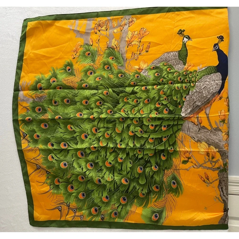 Large Peacock Floral Square Scarf Orange Green Satin Bird Print Boho Luxury